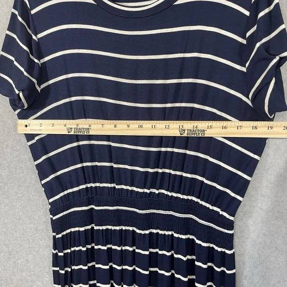 Bobeau Dress Women Large Navy White Midi Short Sleeve Round Neck Elastic Waist‎ - Picture 4 of 8